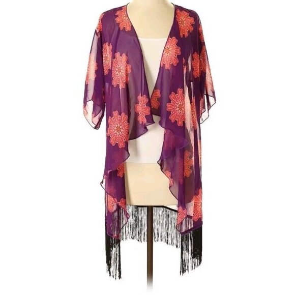 Lularoe Monroe Cardigan Kimono Fringe Black Purple Flower Print Size L - Picture 1 of 8
